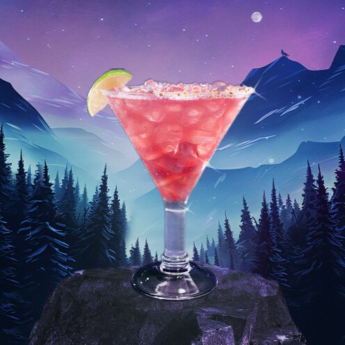 Chili's $6 November Marg of the Month the Call of the Wildberry Marg in a dreamy nighttime mountainscape 