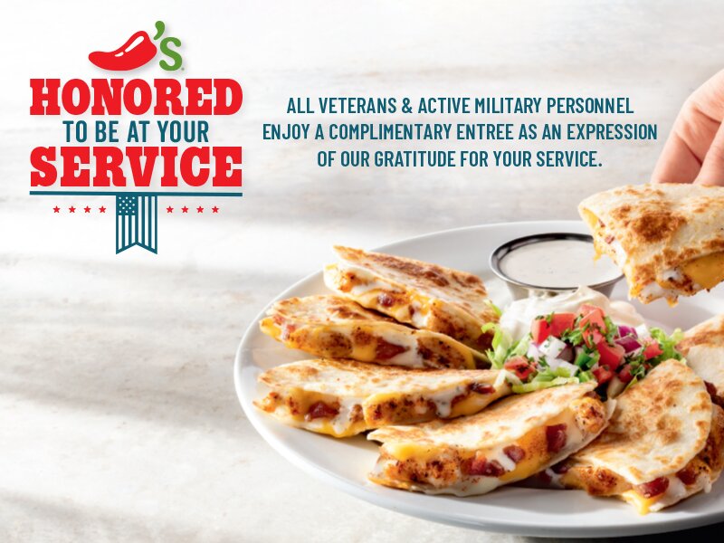 Honored to be at your service. Veterans Day at Chili's Grill & Bar.