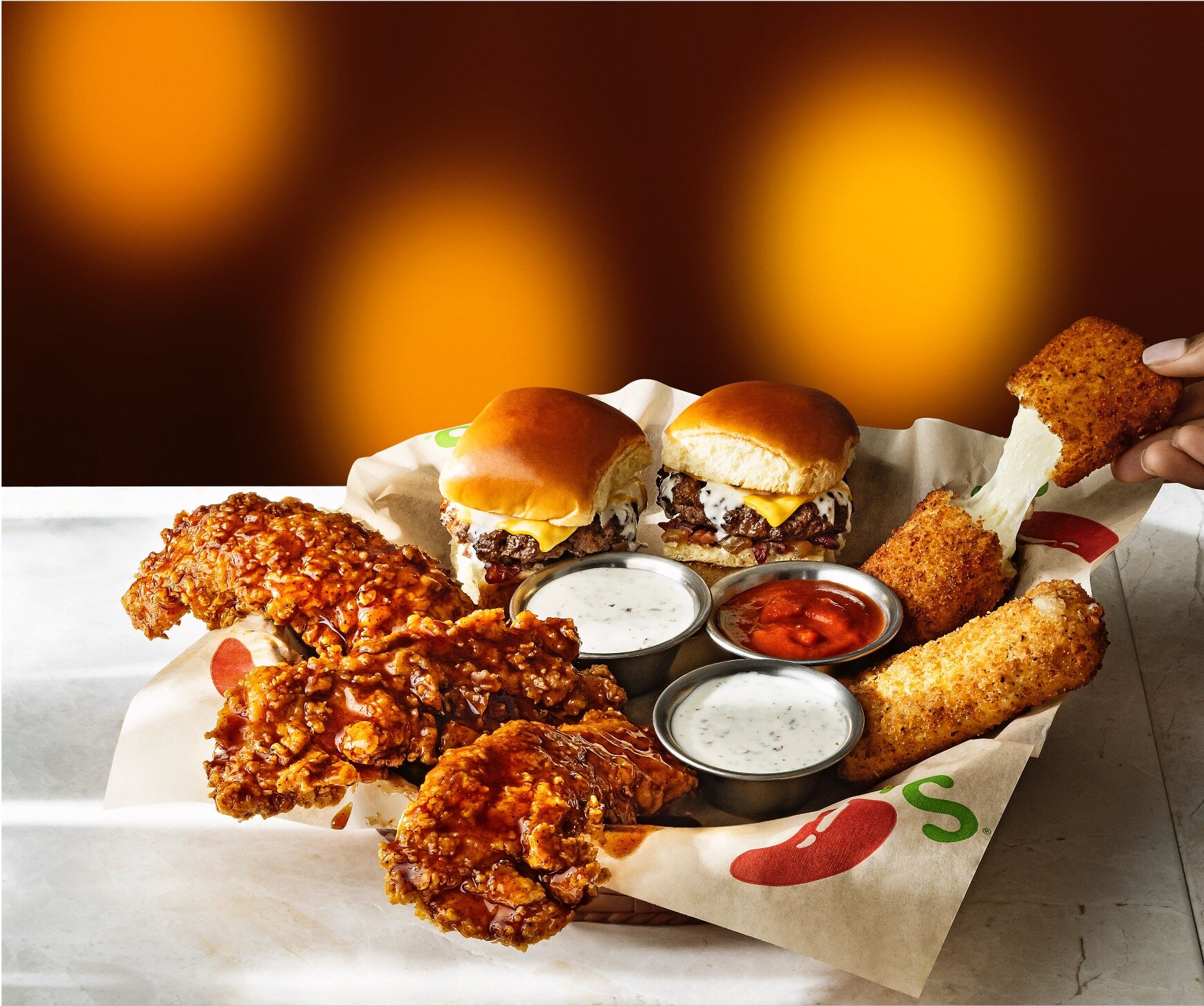 Chili's Triple Dipper with Fried Mozz, Honey Chipolte Crispers and Burger Bites 