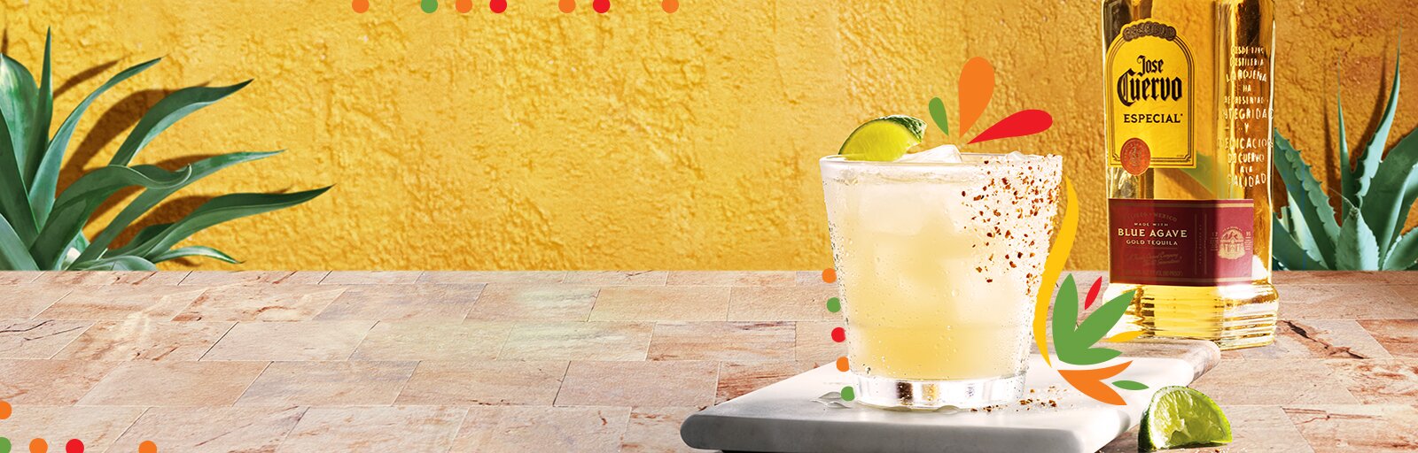 Chili's August Margarita of the Month, the Tequila Trifecta, on a surface with a yellow background and agave plants 
