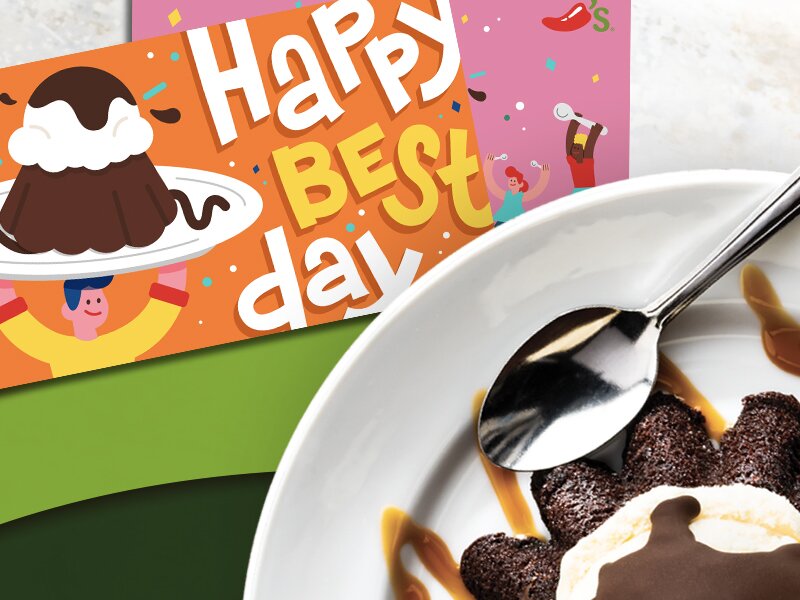 Chili's gift cards and a Molten Chocolate Cake with a spoon on a colorful background