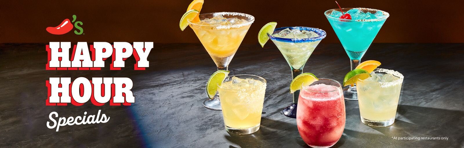 Chili's happy hour specials lockup with margarita and cocktail array on slate surface