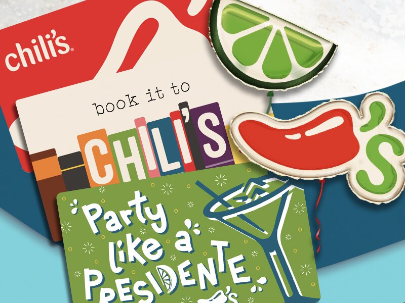 Chili's gift cards on a colorful background with a lime and pepper balloon 