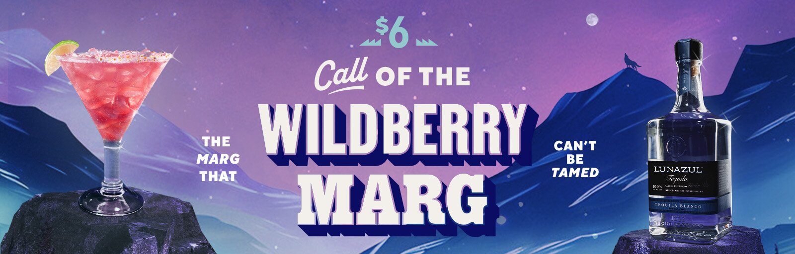 Chili's $6 November Marg of the Month the Call of the Wildberry Marg in a dreamy nighttime mountainscape 