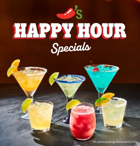 Chili's happy hour specials lockup with margarita and cocktail array on slate surface