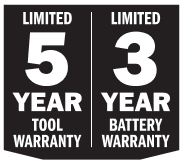 Limited 5 Year Tool Warranty and Limited 3 Year Battery Warranty badge