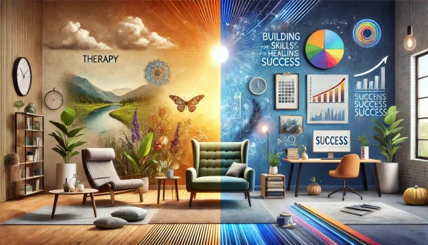 Split-screen room showing therapy and success with a calm healing space on one side and a data-driven workspace on the other