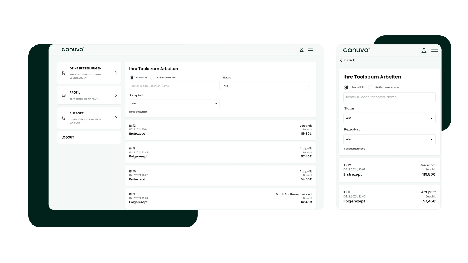 Screenshot vom Arzt Dashboard