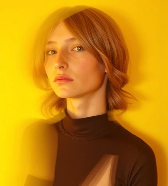 AI fashion headshot of a woman in a yellow background studio setting, glowing with editorial lighting and minimal styling.