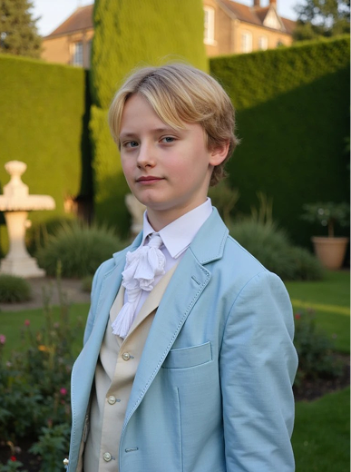 A young aristocrat in a refined regency outfit, walking through a garden promenade.
