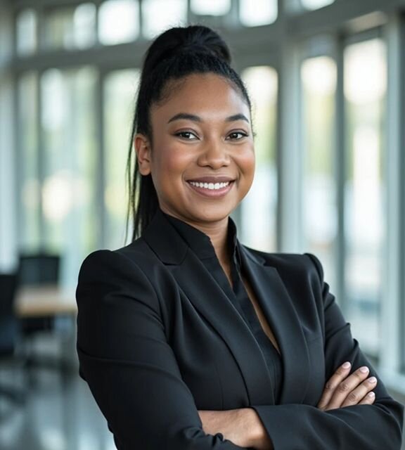 AI-generated professional portrait of a confident woman in a sleek black blazer, standing in a modern office setting—Somny’s business headshot style with realistic lighting and detail.