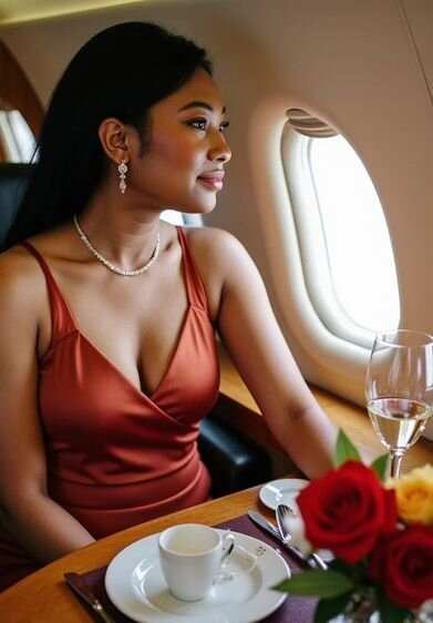 Elegant woman in a satin dress dining on a private jet, with wine and roses on the table—luxury AI portrait generated in high-resolution detail.