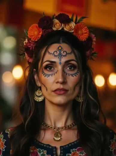 AI-generated Day of the Dead portrait with colorful sugar skull makeup, floral details, and rich Halloween portrait lighting