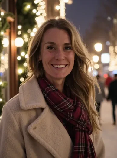 Multiple AI Christmas photo scenes showing the same person in different festive holiday settings