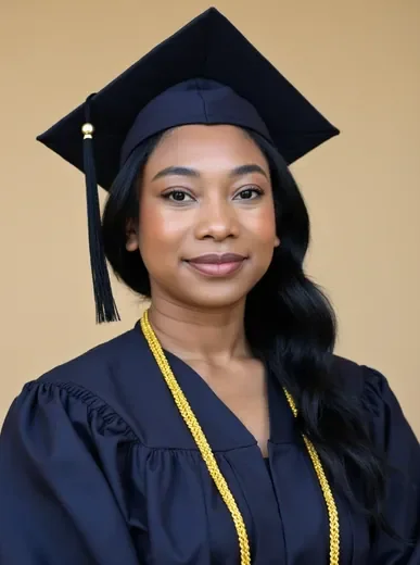 AI-generated graduation portrait of the same woman in cap and gown with professional studio lighting and a proud expression