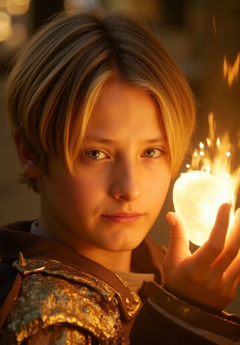 AI fantasy avatar of a young person with short blond hair, transformed into a heroic figure wearing a medieval-style cloak and leather armor, illuminated by golden magical light in a dreamy fantasy environment.