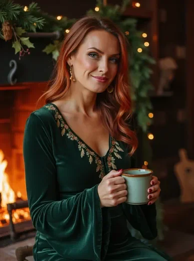 AI Christmas portrait of a woman sitting by a glowing fireplace in festive attire