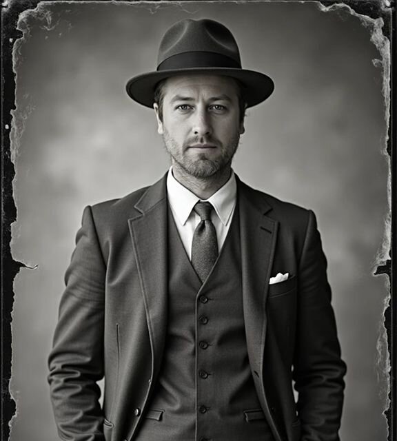 AI-generated period portrait of a man in a 1920s three-piece suit and fedora, styled like an antique film photo—Somny’s historical costume style for classic gentlemen’s fashion.