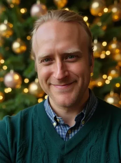 AI Christmas portrait showing a person's facial features accurately preserved in a festive holiday setting