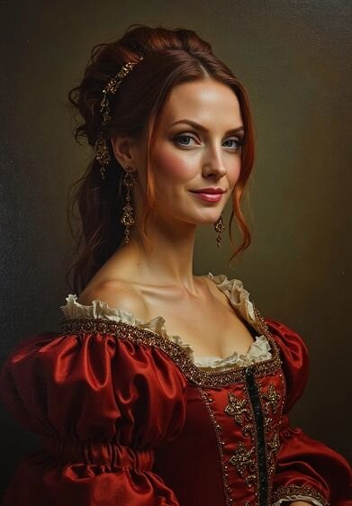 AI period painting–style portrait of a woman in a richly detailed red Renaissance gown, adorned with gold jewelry and ornate trim—Somny’s Old World royalty aesthetic.
