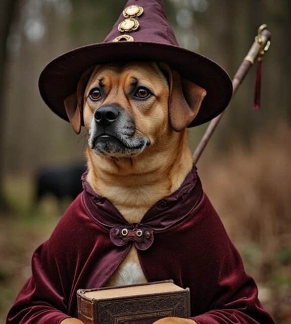 A dog transformed into a fantasy wizard with a cloak and staff.