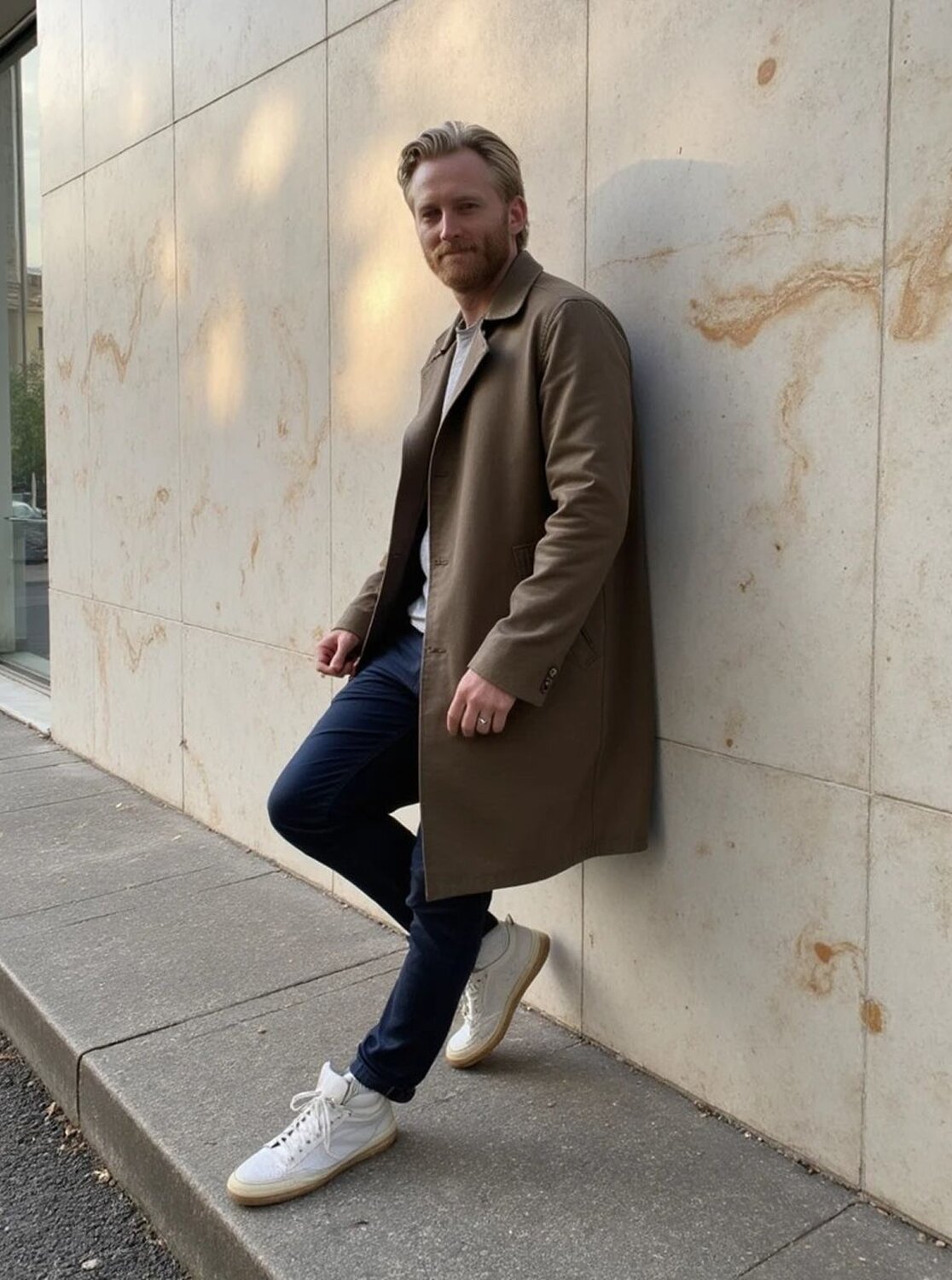 AI portrait of a casually stylish man leaning against a concrete wall, wearing a camel overcoat and dark joggers—Somny’s luxury street-style aesthetic generated with photo-realistic AI detail.