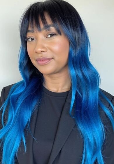 AI hairstyle generator preview showing a woman with vivid blue hair and layered bangs in a studio-lit environment.