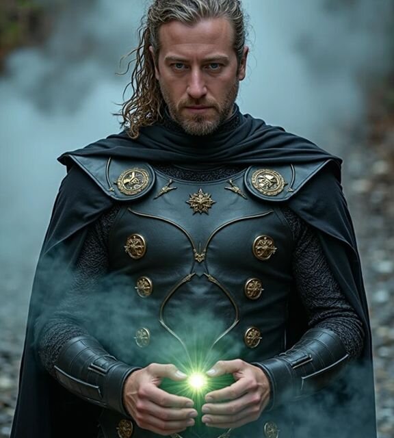 AI superhero transformation of a man in dark green armor holding a glowing orb, looking determined.
