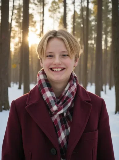 AI Christmas photo of a man in a snowy forest scene with a cozy winter coat and holiday scarf