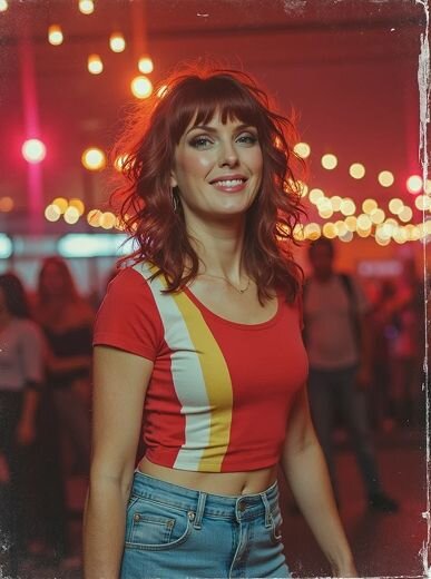 AI-generated portrait of a woman in a red and orange striped top dancing under disco lights, mid-pose with a confident smile.