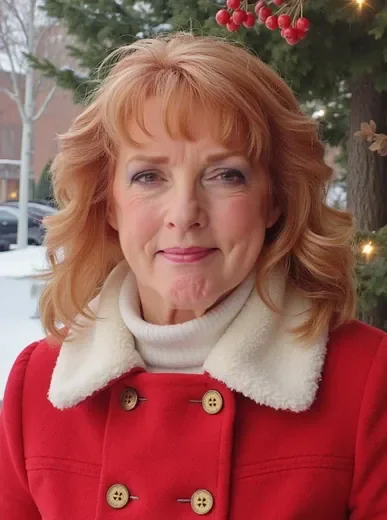 Professional-quality AI Christmas portrait of a woman in elegant holiday attire, ready to print