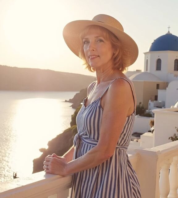 Elegant AI photo of a woman in a striped sundress and straw hat on a balcony overlooking the ocean in Santorini, Greece—capturing the golden-hour glow of Somny’s luxury travel style.