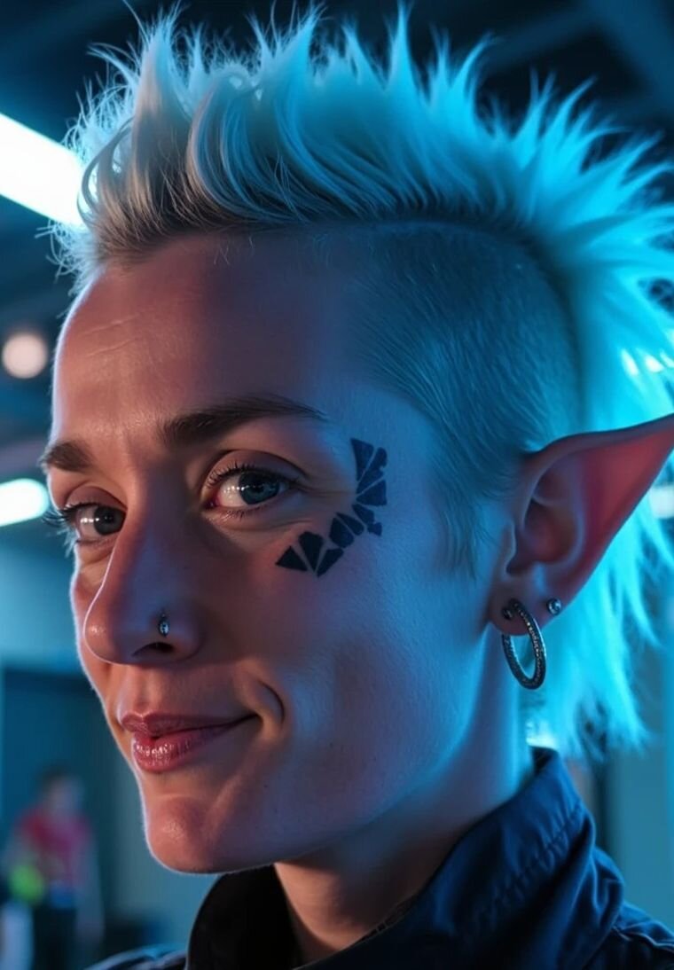 AI fantasy avatar of a woman with glowing blue hair styled in spikes, futuristic face paint, and a magical glow around her face, capturing a cyber-fantasy character style.