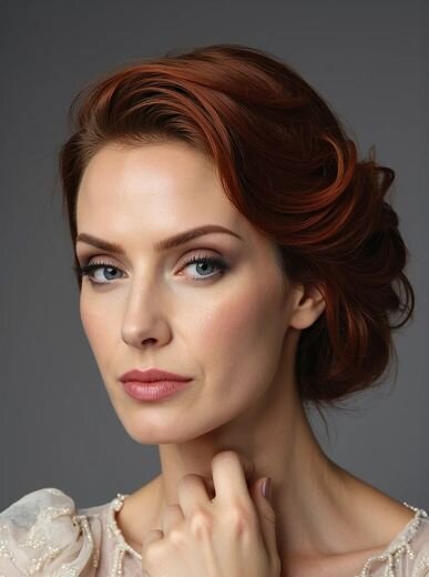 AI hairstyle image showing a woman with voluminous auburn updo reminiscent of the 1940s