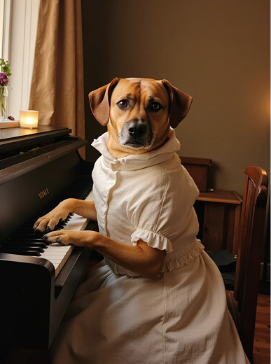 A Regency-era pet portrait featuring a dog in a cravat playing the pianoforte.