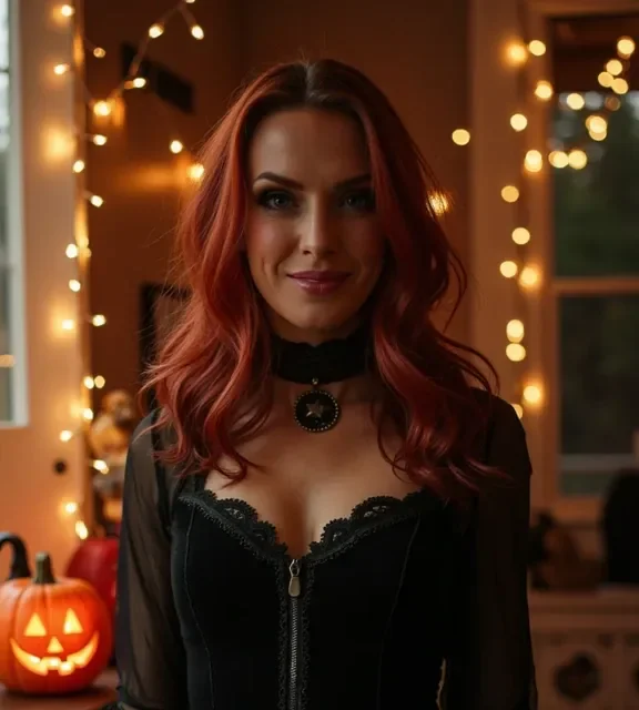 Person holding a phone and looking delighted at a dramatic AI-generated Halloween portrait of themselves