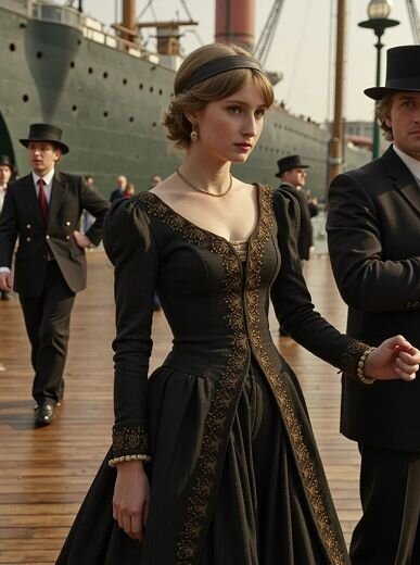 AI image of a woman in a cinematic fantasy costume on set, standing dramatically with moody lighting and intense expression.