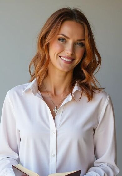AI church staff photo showing a woman in a white blouse smiling warmly in front of a soft-lit church background.