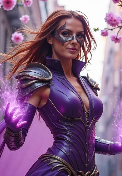 AI superhero generator result of a woman in glowing armor with energy powers standing in a futuristic cityscape.