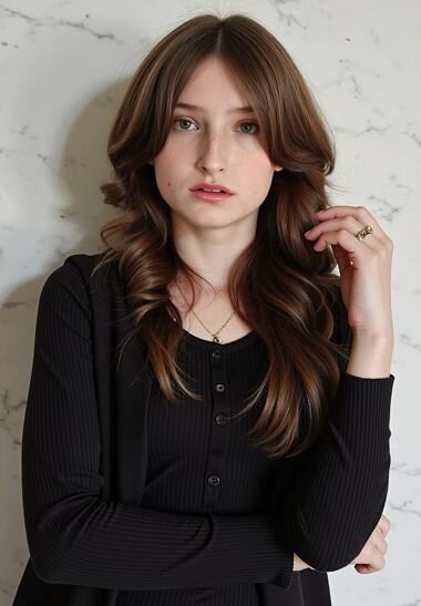 AI hairstyle try-on result featuring a woman with dark brown, modern layered hairstyle