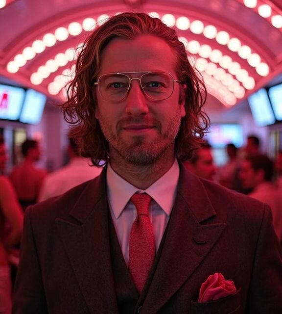 AI photo of a man in a retro venue, wearing a suit and tinted glasses with warm red lighting and neon accents.