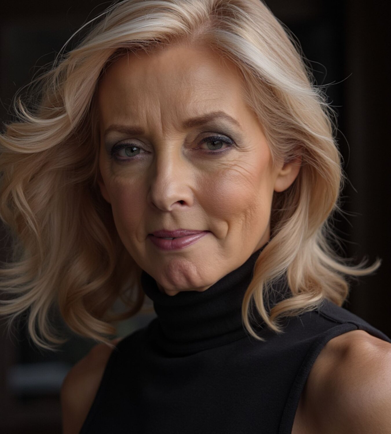 Older woman with shoulder-length soft curls in a warm honey blonde, showing results of an AI hairstyle try-on transformation.