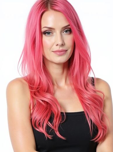 AI hairstyle generator result showing a woman with bright pink hair, styled straight and center-parted, smiling confidently.