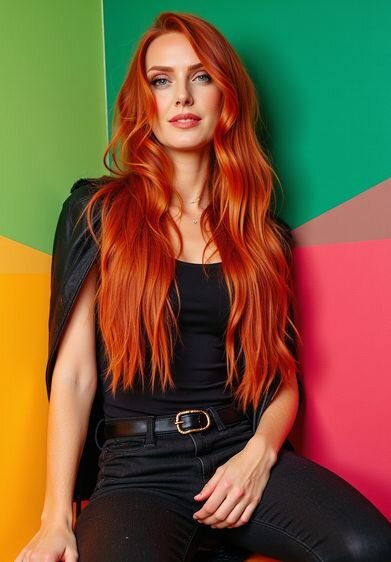 AI fashion photoshoot generator result showing a red-haired model in a fitted black outfit against a colorful backdrop.