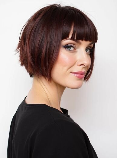 AI hairstyle preview of a woman with a trendy brunette bob and bangs, posing in profile with soft lighting.