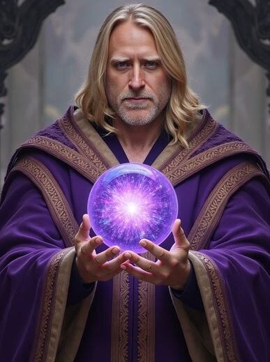 AI fantasy avatar of a powerful wizard in a violet robe with glowing hands, metallic shoulder armor, and a glowing orb radiating purple energy in a dramatic setting.