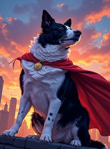 AI fantasy image of a black and white dog wearing a red cape with a superhero medallion, standing proudly in front of a city skyline at sunset—Somny’s AI cartoon and comic-inspired pet avatar style.