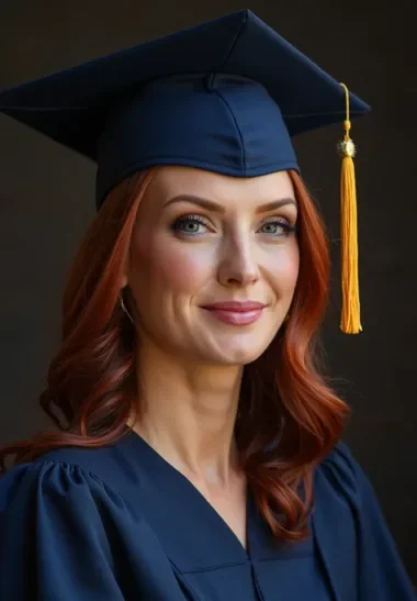 Polished AI graduation portrait showing clear facial resemblance, academic regalia, professional lighting and clean background