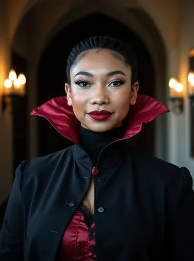 Close-up AI Halloween portrait showing clear facial features matching the original person, vampire style