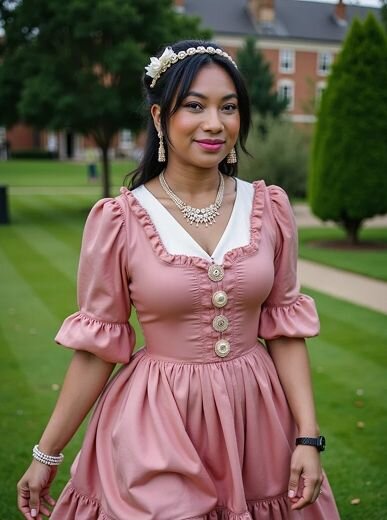 AI-generated portrait of a woman in a rose-colored Regency dress with puff sleeves, lace trim, and pearl accessories—Somny’s Jane Austen–inspired period costume style.